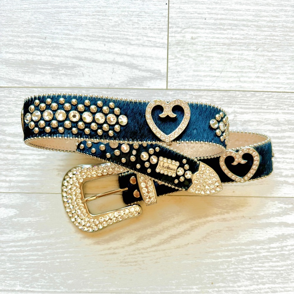 B.B. Simon Black Leather and Fur Heart Studded Belt